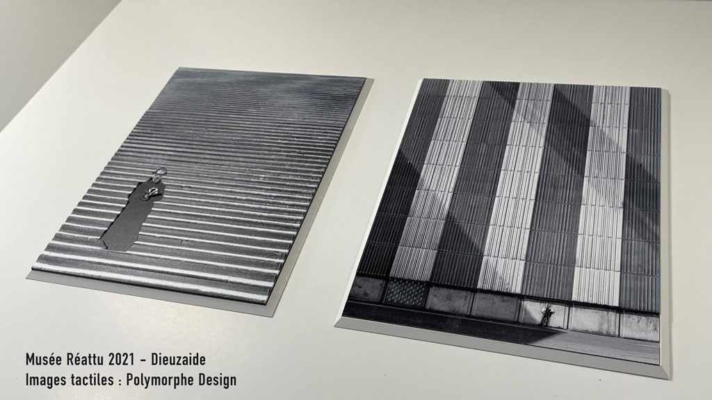 Images visiotactiles des 2 photographies de Dieuzaide : L'escalier de Gérone 1956, et Autoportrait 1960.